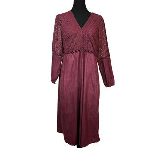 BloomChic A-Line Dress Women's 12 Burgundy Lace Crochet V-Neck Midi Velvet